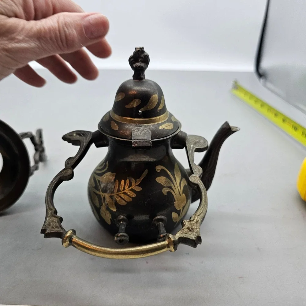 Vintage Brass Teapot with Warming Stand Black and Gold Etched Floral Decorative